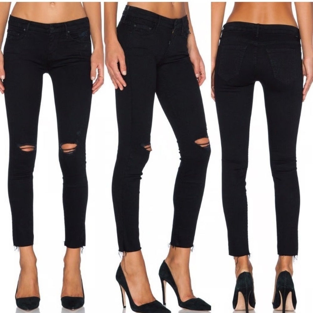 MOTHER The Looker Ankle Fray Jeans Guilty Sin Black Distressed Size 30